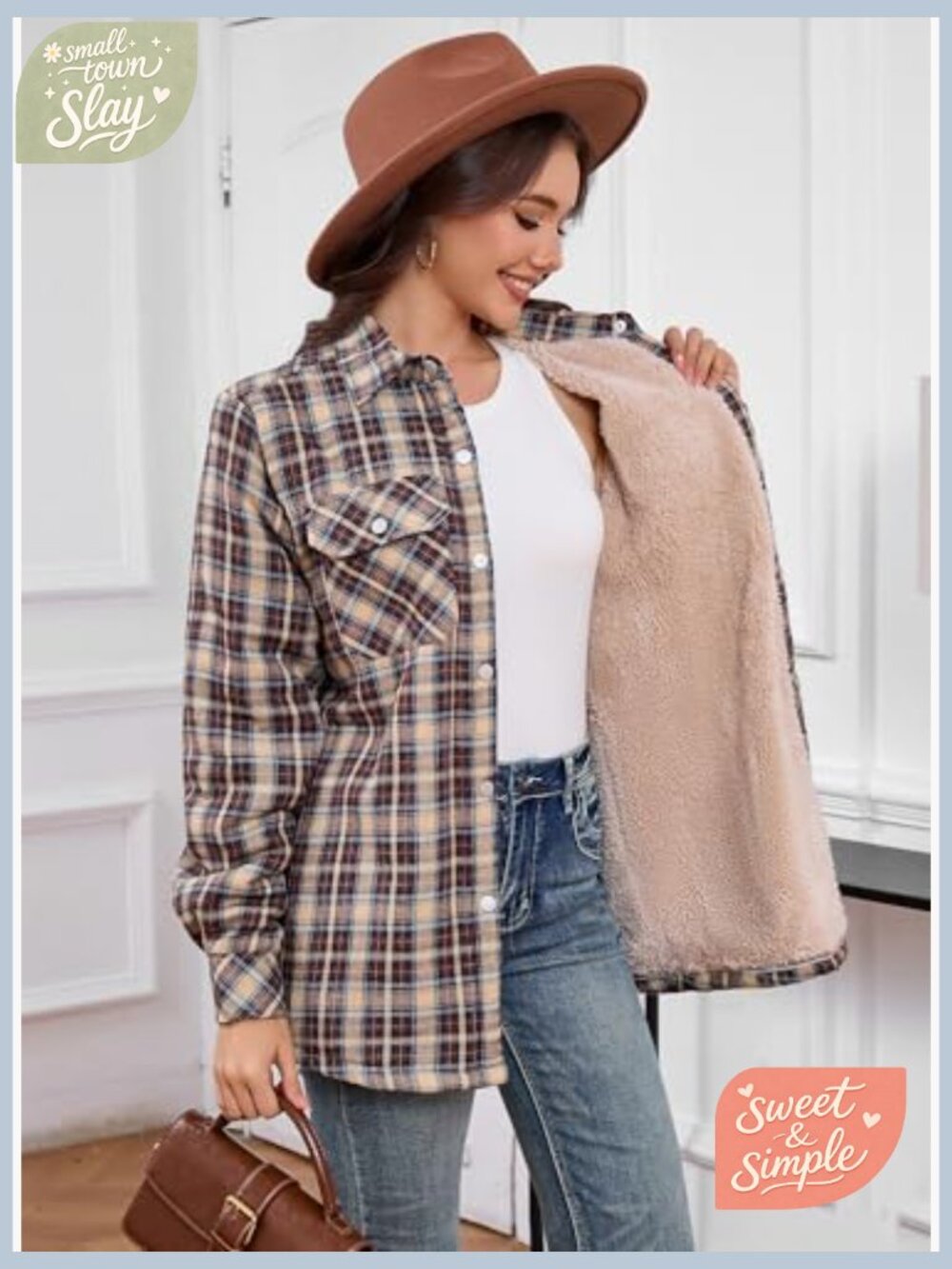 Fleece Lined Flannel Button Down Shirt Jacket Cotton Plaid Sherpa - Picture 3 of 7